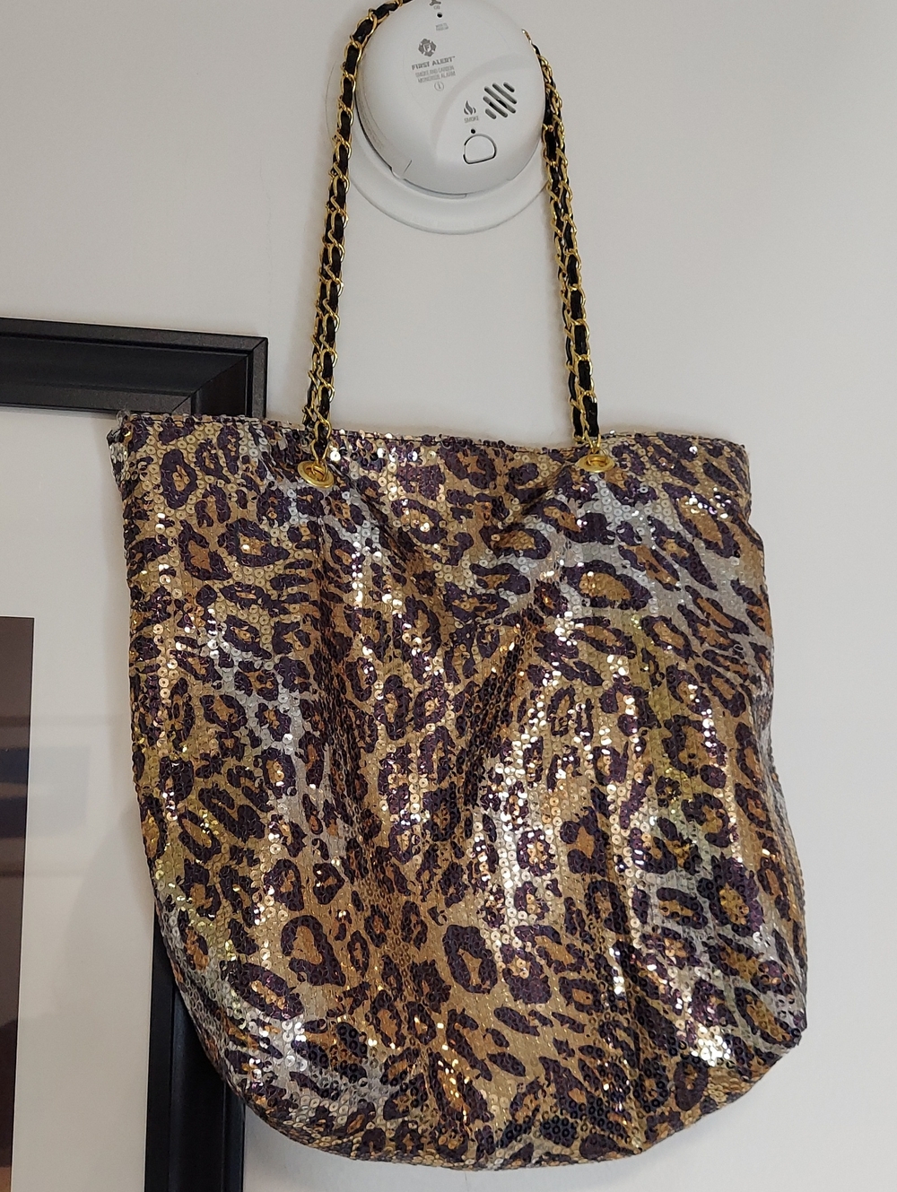 CESCA Sequined Leopard Print Tote Bag in Gold and Black, Chain Straps